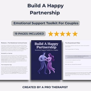 May include: A digital product titled "Build A Happy Partnership: Emotional Support Toolkit For Couples." The cover features a couple dancing. The toolkit includes 19 pages and is created by a pro therapist.