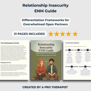 Może przedstawiać: 21-stronicowy przewodnik cyfrowy zatytułowany Relationship Insecurity ENM Guide: Differentiation Frameworks for Overwhelmed Open Partners. Okładka zawiera ilustrację dwóch osób siedzących na ławce na tle labiryntu w kształcie serca.