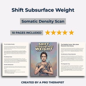 Può includere: Copertina di un libro con il titolo "Shift Subsurface Weight" e il sottotitolo "Somatic Density Scan". La copertina presenta un'illustrazione di una donna. È visibile anche il testo "10 pagine incluse".