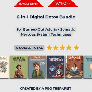 Könnte beinhalten: Ein 6-in-1 digitales Paket mit sechs Anleitungen namens Cognitive Rest and Focus Guide, ADHD Trait Relief Guide, Chronic Rumination Guide, Digital Detox Mindset Guide, Dopamine Reset Guide und Sustained Mental Energy Guide mit Text.