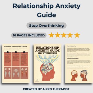 May include: A guide titled "Relationship Anxiety Guide" with the subtitle "Stop Overthinking." The cover features a red silhouette of a head with a brain illustration. The guide includes 16 pages and is created by a pro therapist.