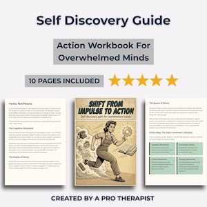 Könnte beinhalten: Ein Selbsthilfe-Ratgeber mit dem Titel "Self Discovery Guide" und dem Untertitel "Action Workbook For Overwhelmed Minds". Das Bild zeigt "10 PAGES INCLUDED" und eine Illustration einer laufenden Frau. Der Ratgeber ist "CREATED BY A PRO THERAPIST."