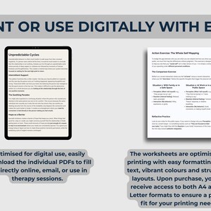 Peut inclure: Image d'un produit num&eacute;rique avec une tablette noire affichant du texte sur les "Cycles impr&eacute;visibles" et une feuille de travail imprim&eacute;e intitul&eacute;e "Exercice d'action : la cartographie du soi entier". L'image comprend le texte "Imprimer ou utiliser num&eacute;riquement avec facilit&eacute;."