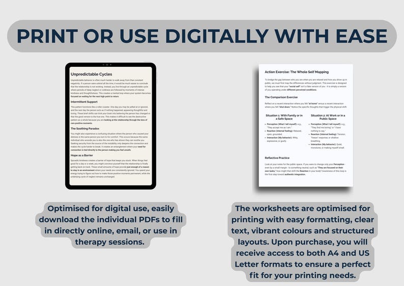 Peut inclure: Image d'un produit num&eacute;rique avec une tablette noire affichant du texte sur les "Cycles impr&eacute;visibles" et une feuille de travail imprim&eacute;e intitul&eacute;e "Exercice d'action : la cartographie du soi entier". L'image comprend le texte "Imprimer ou utiliser num&eacute;riquement avec facilit&eacute;."
