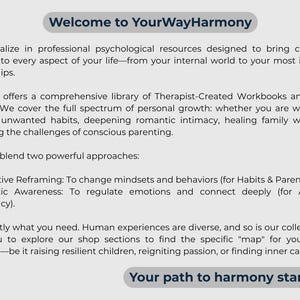 Peut inclure: Image textuelle pour YourWayHarmony, proposant des ressources psychologiques. L'image contient le texte "Welcome to YourWayHarmony" et "Your path to harmony starts here." Elle d&eacute;crit des cahiers d'exercices et des journaux pour le d&eacute;veloppement personnel, comme la reformulation cognitive et la conscience somatique.