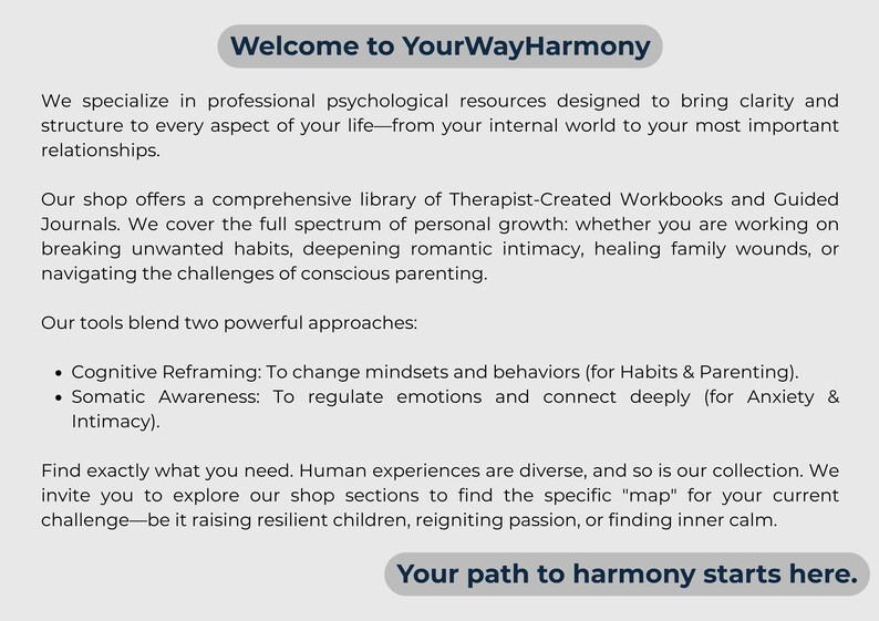 Peut inclure: Image textuelle pour YourWayHarmony, proposant des ressources psychologiques. L'image contient le texte "Welcome to YourWayHarmony" et "Your path to harmony starts here." Elle d&eacute;crit des cahiers d'exercices et des journaux pour le d&eacute;veloppement personnel, comme la reformulation cognitive et la conscience somatique.