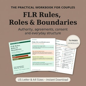 以下が含まれることがあります： The Practical Workbook for Couples: FLR Rules, Roles & Boundariesというタイトルのデジタルワークブック。表紙は薄緑色の背景に暗い色のテキストが配置されています。内側のページには指示が記載されており、目次には76ページと24のモジュールがリストされています。