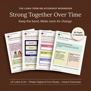 Könnte beinhalten: Das Long-Term Relationship Workbook besteht aus vier Seiten mit Text und pastellfarbenen Kästen. Die Seiten enthalten Titel wie Update the present, The scores tell different stories, Create a maintenance plan und Keep the relationship larger.