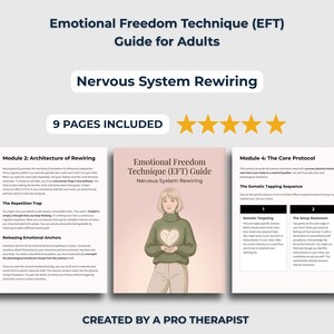May include: A digital guide titled Emotional Freedom Technique (EFT) Guide for Adults: Nervous System Rewiring. It includes 9 pages, a five-star rating, and text detailing Module 2: Architecture of Rewiring and Module 4: The Core Protocol.