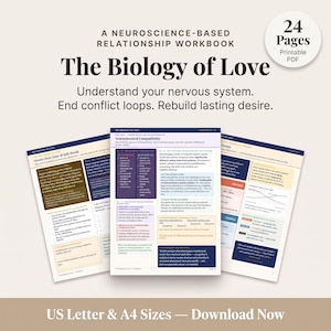 Puede incluir: Un libro de ejercicios sobre relaciones de 24 páginas basado en la neurociencia titulado The Biology of Love. El documento incluye texto sobre la comprensión del sistema nervioso, la finalización de conflictos y el deseo, disponible en tamaños US Letter y A4.