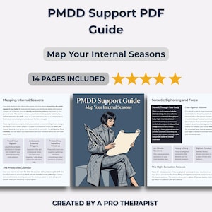 May include: A PDF guide titled "PMDD Support Guide" with the subtitle "Map Your Internal Seasons." The cover illustration features a person holding a blueprint. The guide includes 14 pages and is created by a pro therapist.