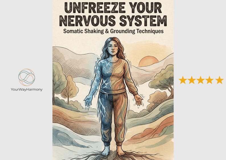 Pu&ograve; includere: Illustrazione ad acquerello con il testo "UNFREEZE YOUR NERVOUS SYSTEM". Una donna &egrave; raffigurata, una met&agrave; del suo corpo in ghiaccio blu e l'altra in toni caldi. L'immagine promuove tecniche di scuotimento somatico e radicamento.