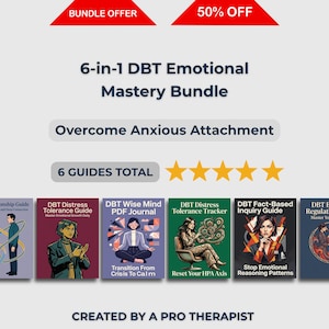 Könnte beinhalten: Werbung für ein 6-in-1 DBT Emotional Mastery Bundle. Das Bild zeigt sechs Ratgeber mit Illustrationen und Titeln, darunter "DBT Relationship Guide" und "DBT Distress Tolerance Guide". Der Text enthält auch "Überwinde ängstliche Bindung".