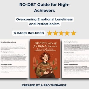 Op de afbeelding: Een 12-pagina tellende RO-DBT-gids voor high-achievers getiteld Overcoming Emotional Loneliness and Perfectionism. De cover toont een illustratie van een persoon met een bril en een trui met patroon die een boek vasthoudt, met tekstpagina's aan weerszijden.