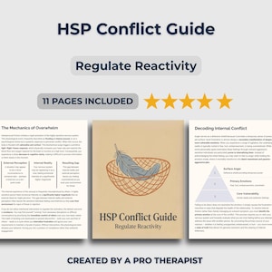 Op de afbeelding: Een gids getiteld "HSP Conflict Guide" met de ondertitel "Regulate Reactivity". De omslag toont een veer in een mand. De gids bevat 11 pagina's en is gemaakt door een professionele therapeut. Het ontwerp is in beige, blauw en wit.