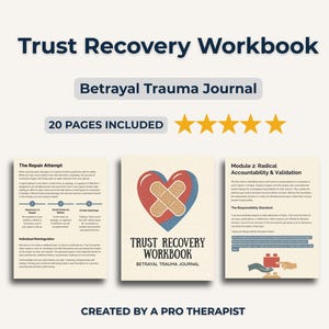 Puede incluir: Un cuaderno de trabajo titulado "Trust Recovery Workbook" con el subtítulo "Betrayal Trauma Journal". La portada presenta un corazón con una venda. El texto "20 PAGES INCLUDED" se muestra encima del cuaderno de trabajo. La frase "CREATED BY A PRO THERAPIST" está en la parte inferior.