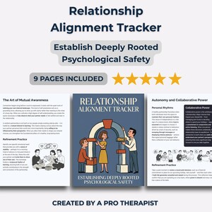 May include: A Relationship Alignment Tracker with the text "Establish Deeply Rooted Psychological Safety." The cover features illustrations of people and a graphic. The product includes 9 pages and is created by a pro therapist.