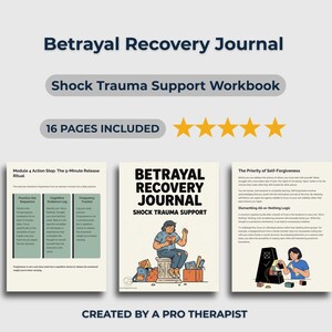 以下が含まれることがあります： 「Betrayal Recovery Journal」というタイトルのジャーナルで、「Shock Trauma Support Workbook」というサブタイトルが付いています。表紙には人物のイラストが描かれています。ジャーナルには16ページが含まれており、プロのセラピストによって作成されました。