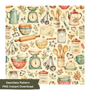 May include: A seamless pattern featuring vintage kitchenware including teal kettles, floral mixing bowls, measuring spoons, wooden spoons, rolling pins, and canisters labeled Flour, Sugar, and Coffee, interspersed with small colorful floral illustrations.