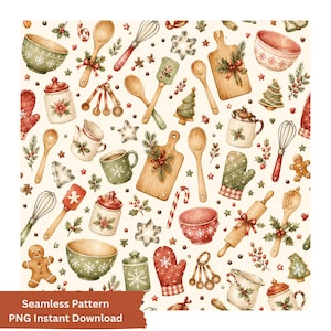 Può includere: Un motivo continuo con illustrazioni ad acquerello di utensili da cucina e decorazioni natalizie, tra cui cucchiai di legno, fruste, mattarelli, ciotole, biscotti di pan di zenzero, guanti da forno, taglieri e agrifoglio su sfondo crema.