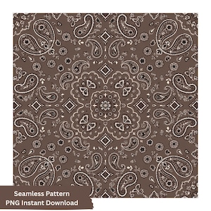 Op de afbeelding: Een naadloos digitaal patroon met een bruine achtergrond en een herhalend wit en zwart paisley-motief. Het ontwerp bevat complexe druppelvormen, florale accenten en geometrische ruitvormige elementen in een symmetrische opstelling.