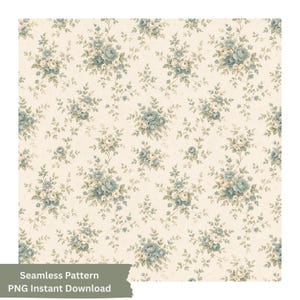 May include: A seamless digital pattern featuring clusters of muted blue and cream-colored roses with green leaves and thin stems arranged on a light beige background. The design includes the text Seamless Pattern PNG Instant Download.