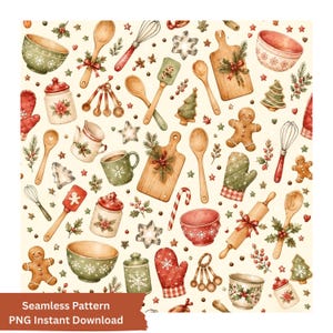 May include: A seamless pattern featuring watercolor illustrations of Christmas-themed kitchenware including wooden spoons, rolling pins, mixing bowls, gingerbread men, oven mitts, whisks, measuring cups, cutting boards, and holly sprigs.