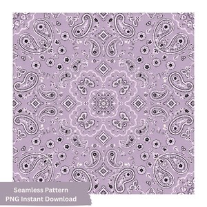 May include: A seamless digital pattern featuring a repeating paisley design in shades of light purple, white, and black. The graphic includes intricate teardrop shapes, small floral motifs, and diamond accents. Text reads: Seamless Pattern PNG Instant Download.