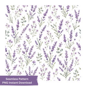 May include: A seamless pattern featuring watercolor illustrations of purple lavender sprigs and green leaves on a white background. The design includes various lavender stems arranged in a repeating layout. Text at the bottom reads Seamless Pattern PNG Instant Download.