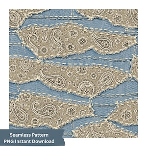 Peut inclure: Un motif numérique sans couture composé de pièces de tissu en jean bleu clair aux bords effilochés, cousues sur un fond en jean avec du fil blanc. Les pièces présentent un imprimé cachemire beige et marron foncé avec des motifs floraux.