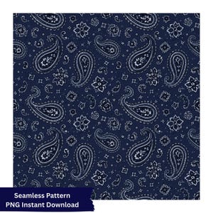 May include: A seamless digital pattern featuring a dark navy blue background with a repeating white paisley motif and small floral accents. The design includes the text Seamless Pattern PNG Instant Download at the bottom.