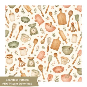Peut inclure: Un motif répétitif composé d'illustrations à l'aquarelle d'ustensiles de cuisine, notamment des cuillères en bois, des rouleaux à pâtisserie, des fouets, des bols, des tasses à mesurer, des balances, des planches à découper et des gants.