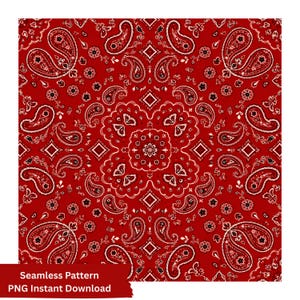 Op de afbeelding: Een naadloos patroon met een levendige rode achtergrond met witte en zwarte paisley-motieven en florale elementen. Het ontwerp bevat herhalende druppelvormen en kleine cirkelvormige patronen in een symmetrische en gedetailleerde lay-out.