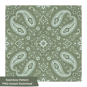 Può includere: Un motivo digitale senza cuciture con un disegno paisley ripetuto in tonalità verde salvia tenue e bianco sporco. Il design include complesse forme a goccia, elementi floreali e viticci disposti in una griglia simmetrica e bilanciata.