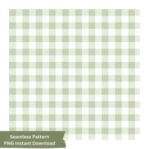 Peut inclure: Un motif numérique sans couture présentant un design à carreaux vichy classique en vert sauge doux et blanc. La grille répétitive se compose de bandes horizontales et verticales de largeur égale. Le texte en bas indique Seamless Pattern PNG Instant Download.