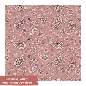 May include: A seamless digital pattern featuring a repeating paisley motif in dark brown and white on a dusty rose background. The design includes intricate teardrop shapes, small floral elements, and geometric accents across the surface.