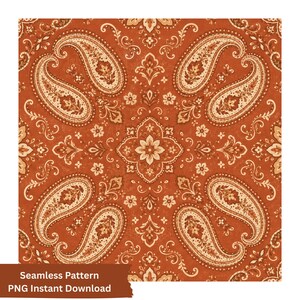 Op de afbeelding: Een naadloos patroon met een herhalend paisley- en bloemmotief in tinten gebrand oranje, crème en donkerbruin. Het ontwerp bevat ingewikkelde traanvormige paisley-elementen en centraal geplaatste stervormige bloemen die symmetrisch zijn gerangschikt.