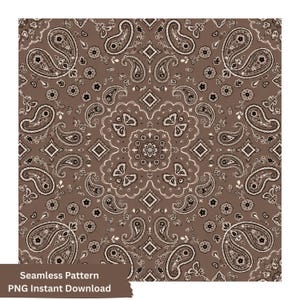Peut inclure: Un motif numérique sans couture présentant un fond marron avec un motif cachemire blanc et marron foncé répétitif. Le design comprend des éléments cachemire en forme de goutte, de petits accents floraux et des formes géométriques en losange.