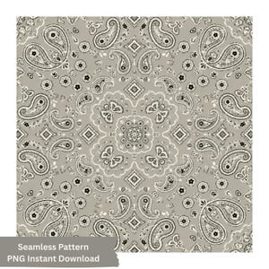 May include: A seamless pattern featuring a repeating paisley design in black and white on a light grey background. The intricate motif includes teardrop-shaped paisley elements, small floral shapes, and diamond accents arranged in a symmetrical grid.