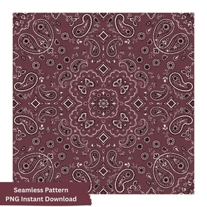 Pode incluir: Um padrão digital sem costuras com um fundo malva escuro e um motivo repetitivo de paisley e flores brancas. O design inclui elementos intrincados de paisley em forma de lágrima, pequenas flores e formas geométricas de diamante dispostas simetricamente.