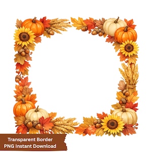 Puede incluir: Un borde decorativo cuadrado con ilustraciones en acuarela de calabazas naranjas y blancas, girasoles amarillos, tallos de trigo dorados, bellotas marrones y hojas de otoño en tonos rojos, naranjas y amarillos con temática de cosecha.