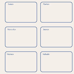 Puede incluir: Un planificador semanal con el título "Planificador Semanal" en azul oscuro. El planificador tiene siete casillas rectangulares para cada día de la semana, etiquetadas: Lunes, Martes, Miercoles, Jueves, Viernes, Sabado y Domingo.