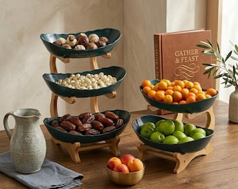 2 Tier Fruit Bowl Stand, Deep Teal Bowls, Natural Wood Base, Modern Organizer