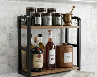 2-Tier Metal Countertop Shelf Organizer, Wood Spice Rack, Modern Kitchen Storage Stand