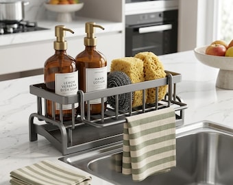 Modern Metal Kitchen Sink Caddy, Sponge Holder, Soap Dispenser Storage Rack