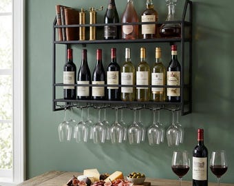 Wall Mounted Wine Rack, Metal Wine Storage Shelf, Industrial Home Bar Organizer
