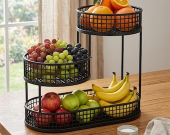 3 Tier Fruit Basket Stand, Stainless Steel Countertop Organizer, Modern Kitchen Produce Rack