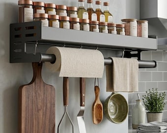 Wall Mounted Kitchen Shelf, Metal Spice Rack, Utensil Organizer, Paper Towel Holder