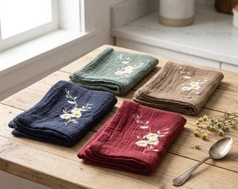 Embroidered Cotton Muslin Kitchen Towels, Floral Farmhouse Dish Tea Linens