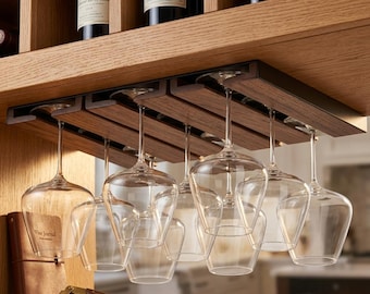 Wall Mounted Stemware Rack – Wood Slats, Under Cabinet Wine Glass Holder
